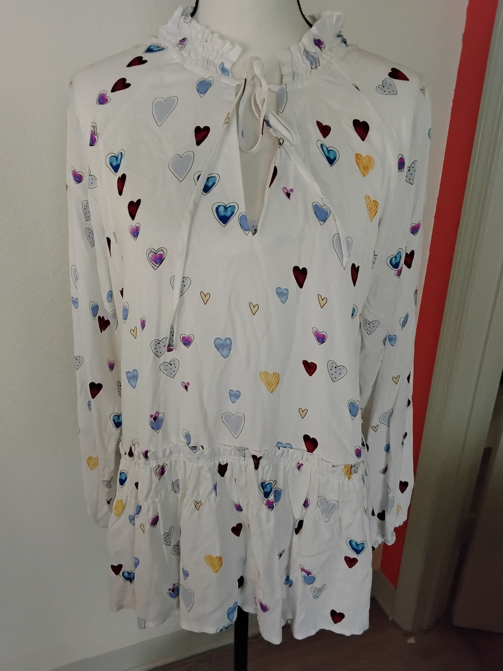 Velvet Heart White Heart-Print Ruffle Neck Blouse